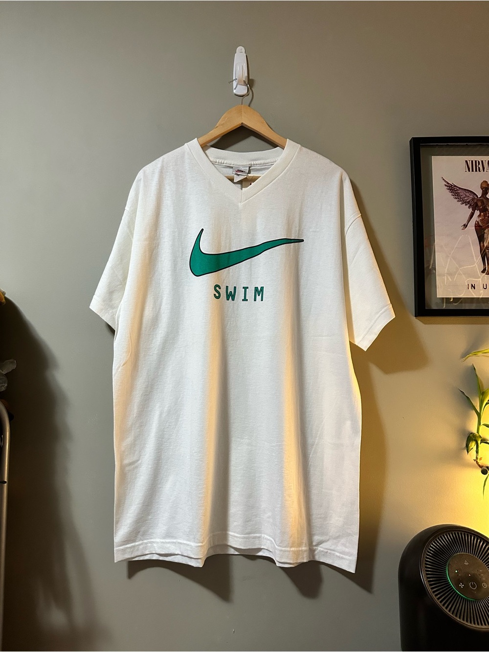 Vintage Nike White Short Sleeve V-Neck Tee with Green Swoosh